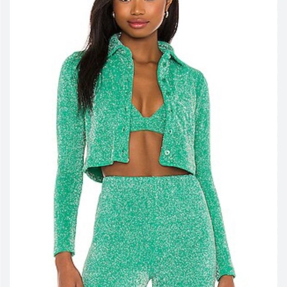 Frankie's Bikinis Josephine Cardi Crop Top sparkly green terry lurex Size M NWT - Picture 2 of 4